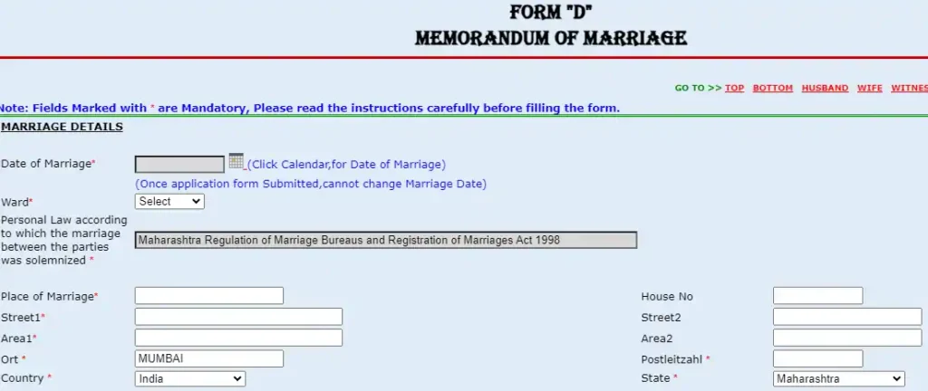 Maharashtra Marriage Registration Online Form